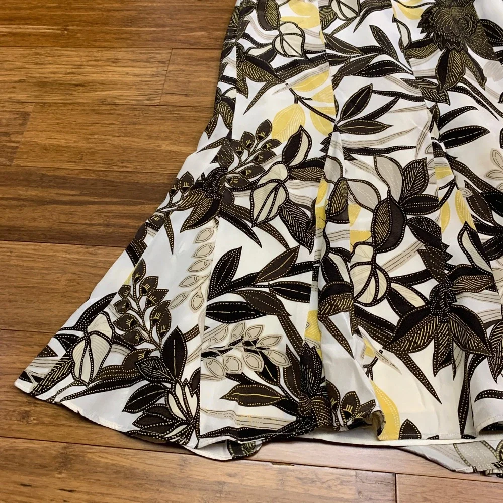 Ann Taylor Silk Floral Pleated Midi Skirt Women Size 10 Brown White‎ Yellow